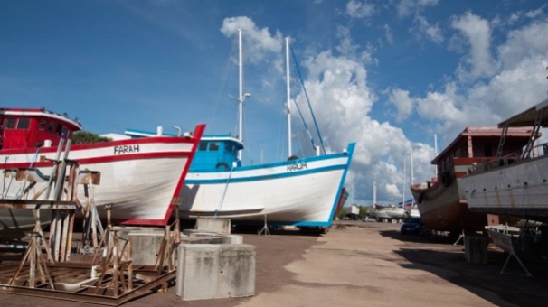 Two of the Vietnamese fishing boats in a Darwin boat yard on Thursday. Photo: Glenn Campbell 