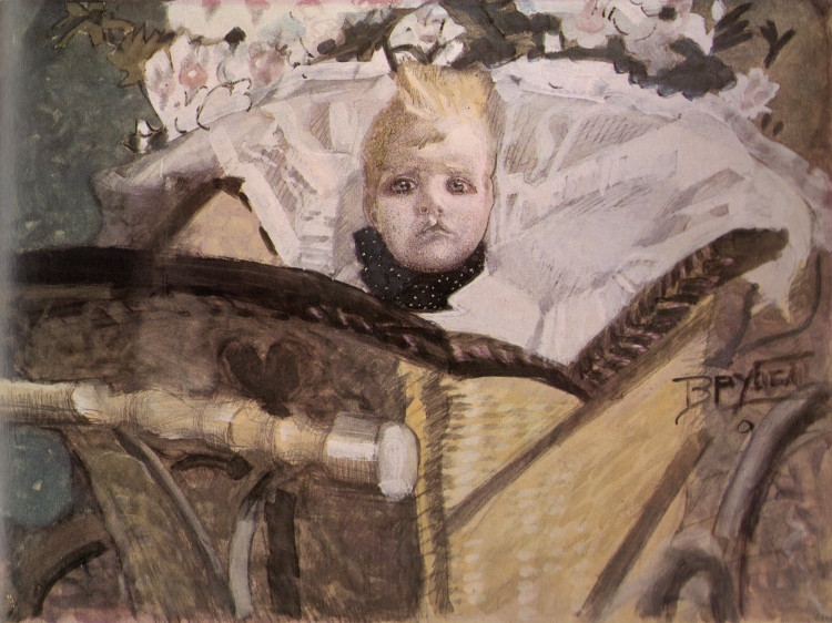 Mikhail Vrubel, Portrait of the Artist's Son in a Pram, 1902. Water-colours, whiting and lead pencil on paper pasted on cardboard. The Russian Museum